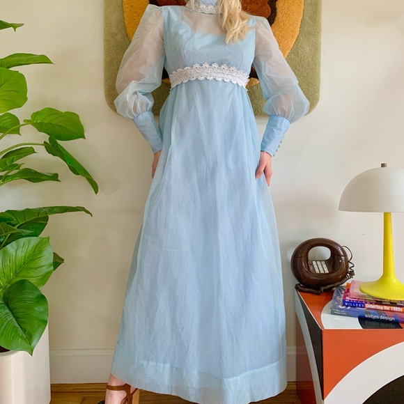 Vintage Dresses & Skirts - Vintage 60s sheer bishop sleeve Swiss dot maxi